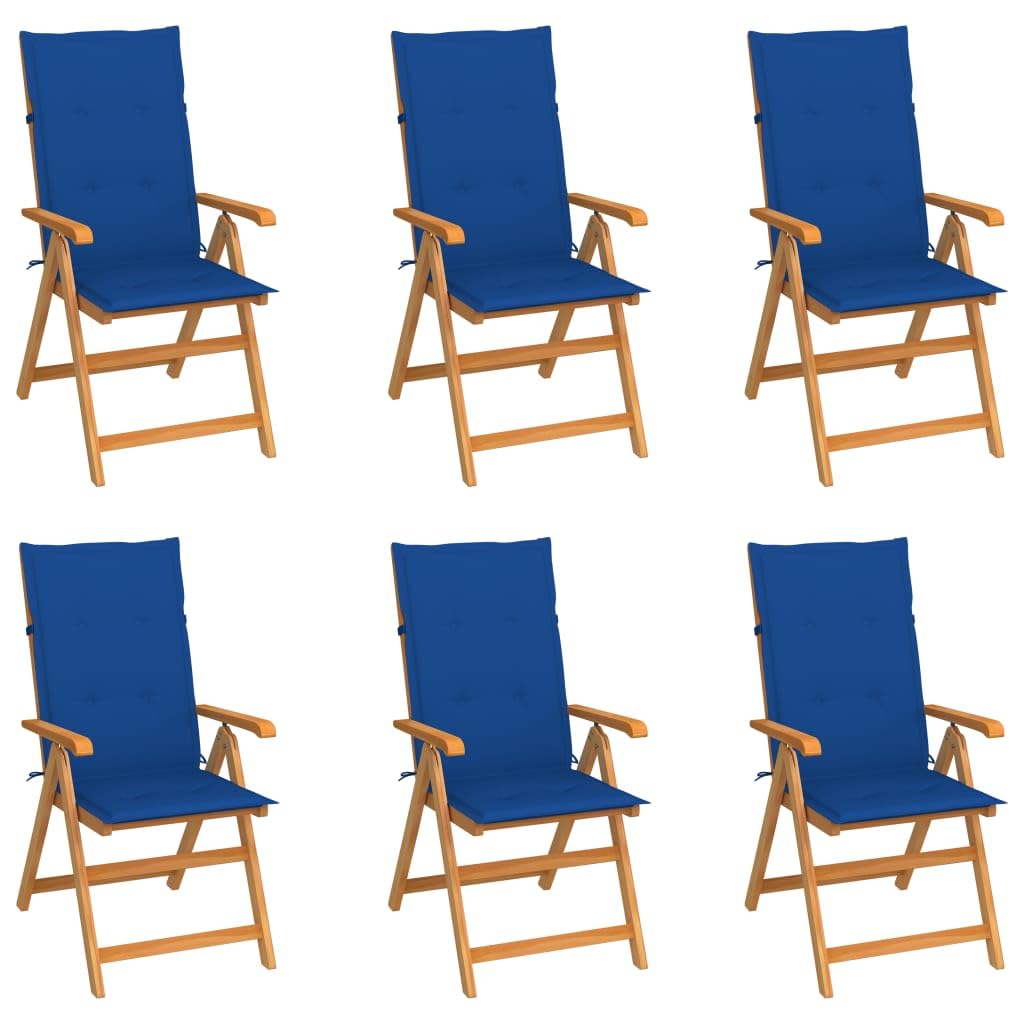 Hothingwell Zestaw 6 krzeseł ogrodowych z drewna tekowego z poduszkami Royal Blue, 7-pozycyjnymi składanymi fotelami na patio, pojemność 110 kg na siedzisko