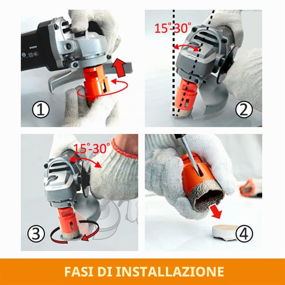 BGTEC - Set di 4 punte per trapano diamantate a secco, per piastrelle in porcellana, ceramica, marmo, mattoni, filettatura M14, 25/35/50/68 mm