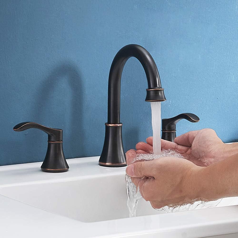 Oil Rubbed Bronze Bathroom Faucet, 2 Handle 3 Hole 8 Inch Widespread Bathroom Faucet, 360°Swivel High-Arc Spout, Stainless Steel Faucet for Bathroom/Vanity/Lavatory, VAL052HZST