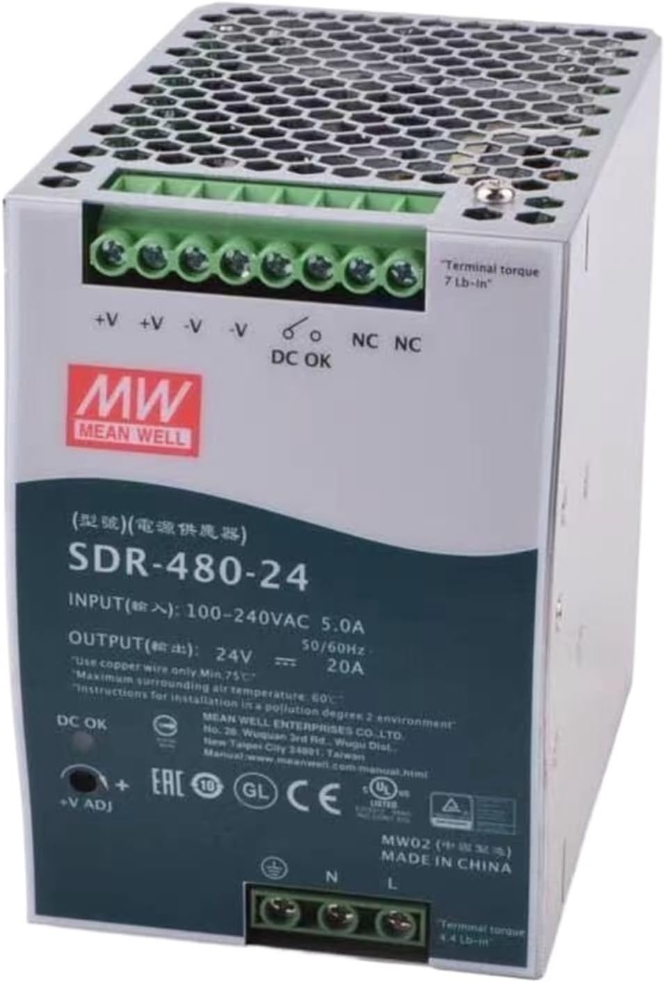 1PCS SDR-480-24 24V 20A 480W Single Output Industrial DIN Rail with PFC Function AC-DC Switching Power Supply