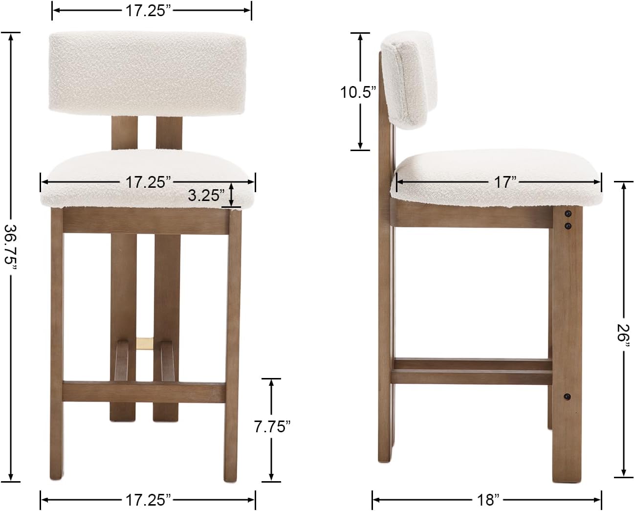 RIVOVA 26 inch Farmhouse Bar Stools Set of 2 Sherpa Upholstered Kitchen Stool Wood Legs Boho Pub Stool with Back Modern Counter Height Bar Chairs Kitchen Island Barstools, White