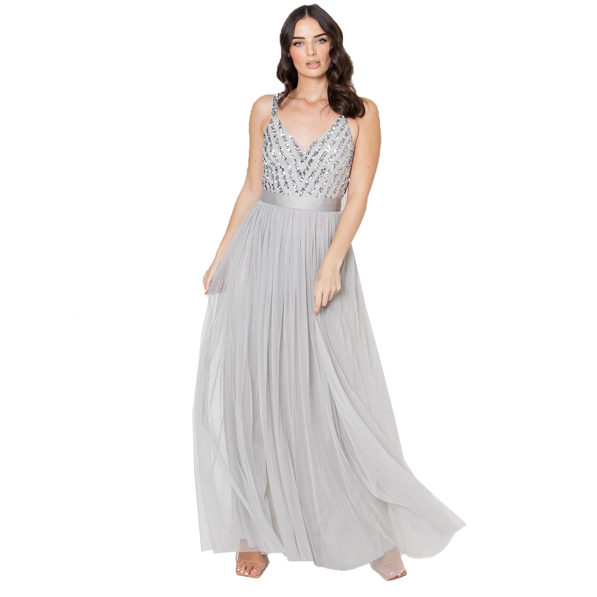Maya Deluxe Maya Sleeveless Stripe Embellished Maxi Dress Vestito per Il Ballo di fine Anno Donna