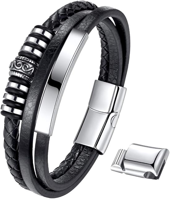 T400 Mens Leather Bracelet Handmade Wristbands with Magnetic Stainless Steel Closure Lengths 9.05" with Gift Boxed
