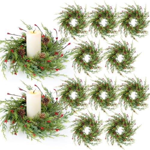 Image of 12 Pcs Artificial Christmas Candle Rings 9 Inch Cedar Pine Garland Wreaths with Red Berries Pinecones Wreaths Pine Needles Candle Ring Holder for Christmas Winter Decorations Table Centerpiece