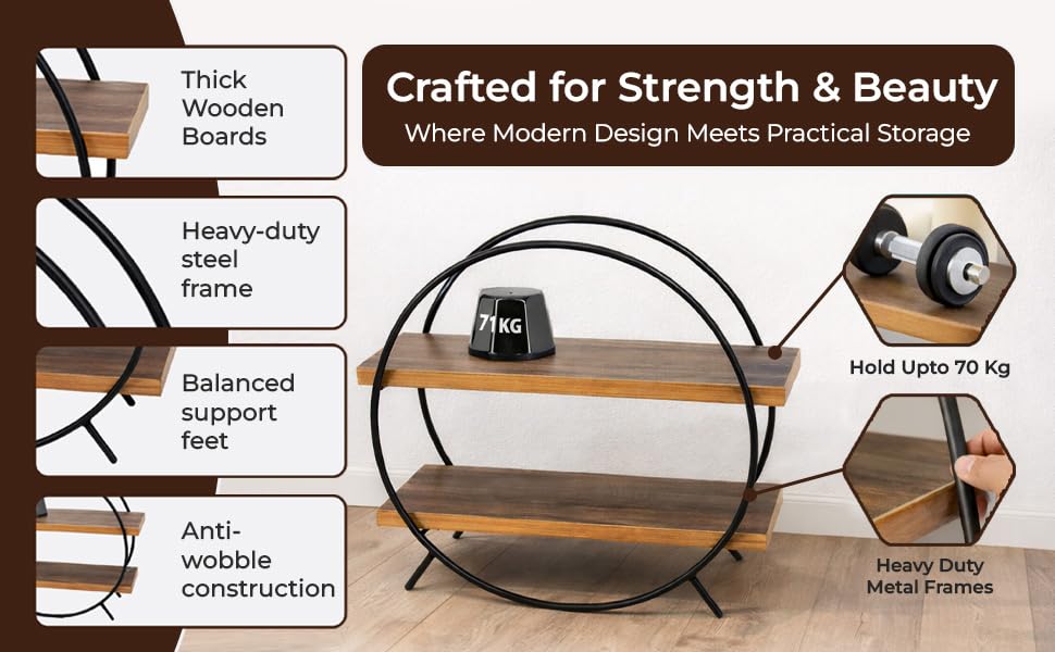 Image of Kitchen Organizer Rack - Wooden Kitchen Shelf, Rack for Kitchen Storage, Circular Countertop Spice Organizer, Mango Wood & Iron, Space Saving (40.5 x 16.5 x 37 cm)