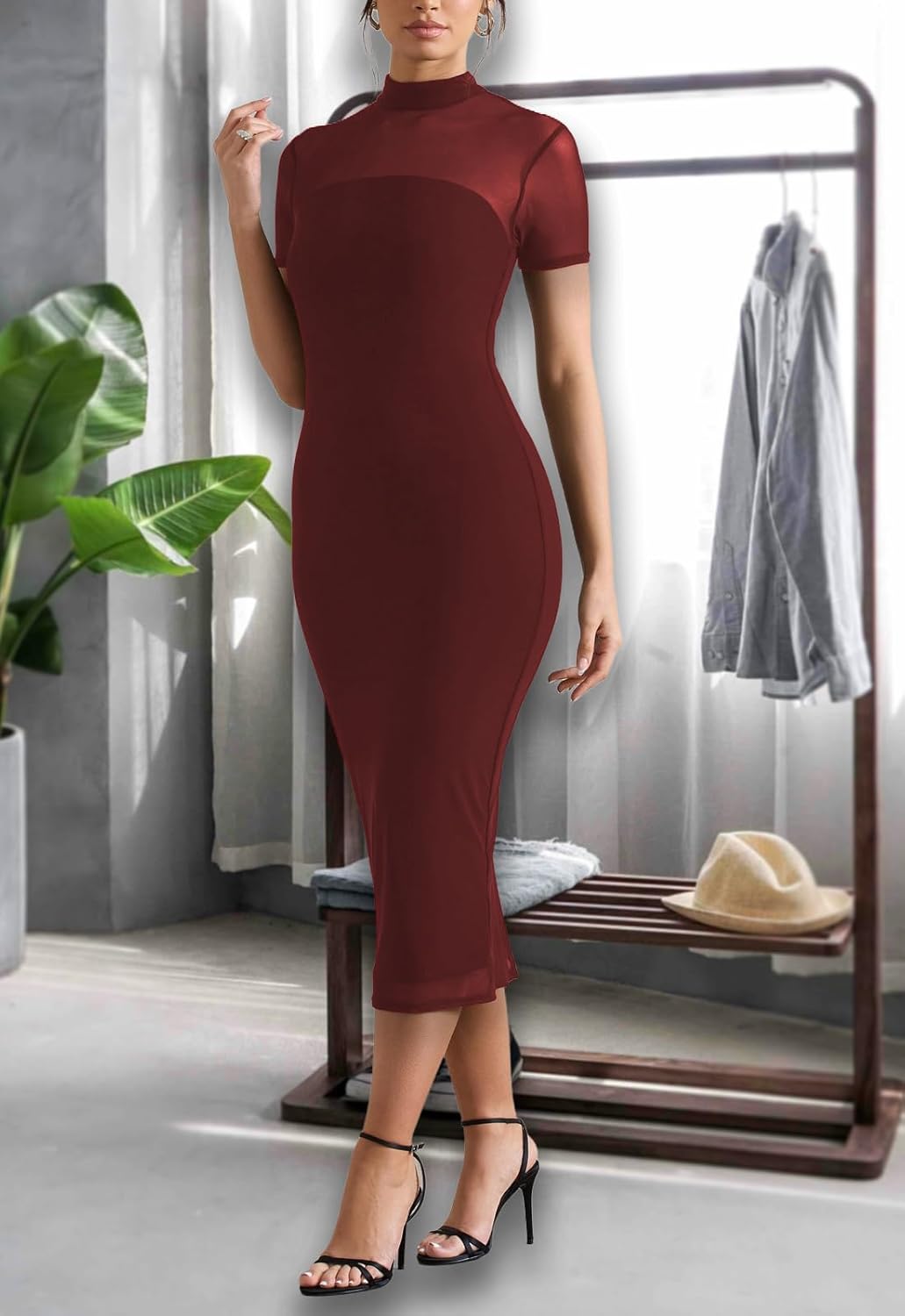 Women's Casual Mesh Short Sleeve Bodycon Mock Neck Keyhole Back Slim Club Party Midi Dresses - Image 8