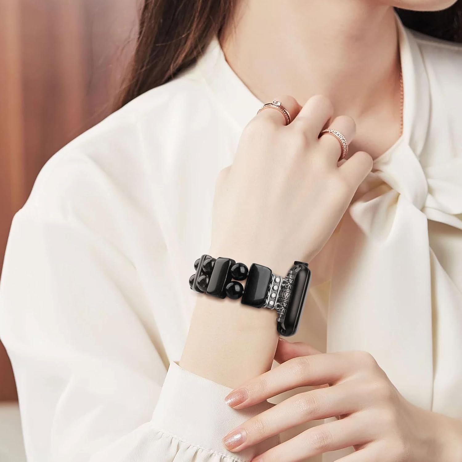 Boho Natural Stone Bracelet Compatible with Apple Watch Band 38mm/40mm/41mm Series 10 9 8 7 SE Women, Handmade Obsidian Stones Elastic Stretch Strap for iWatch Bands Replacement (Black/38S) - Image 3