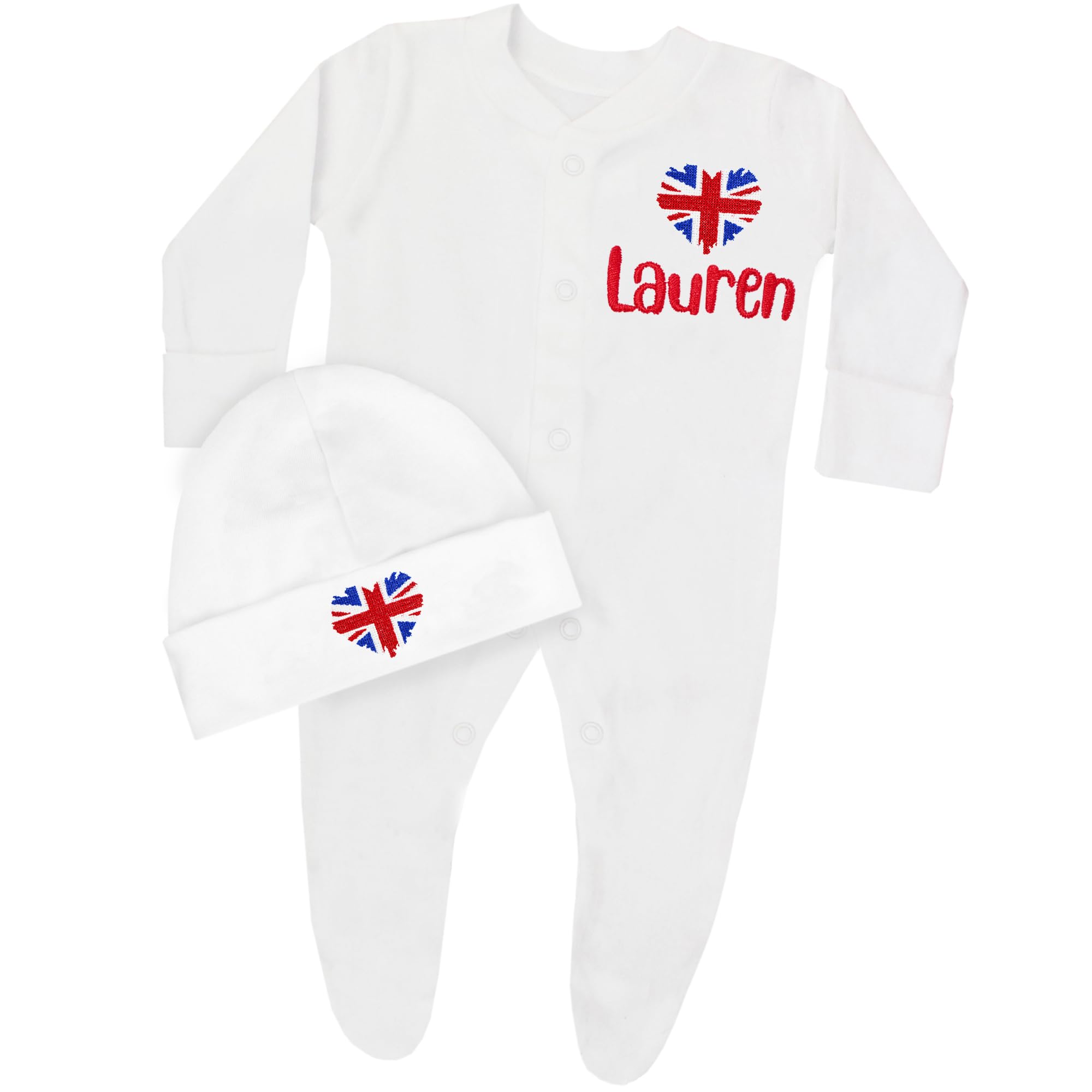 TeddyT's Personalised Union Jack Heart White Sleepsuit & Baby Hat Set (0-3 Months)