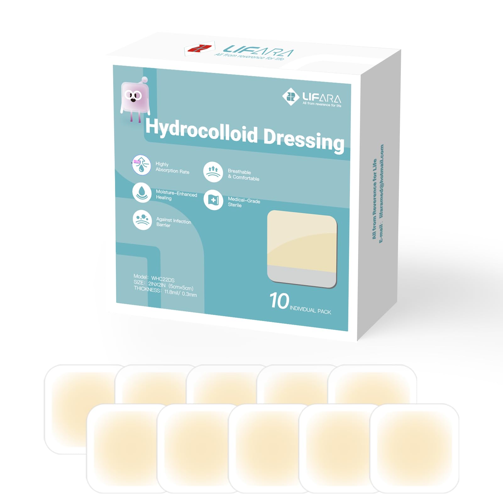 LIFARA Hydrocolloid Wound Dressing 2" × 2 ", 2X Fast Moist Healing, Adhesive Waterproof Bandages for Bedsore, Burn, Blister, Acne Care, Sterile and Waterproof, Home First Aid Kit Essential, 10 Pack