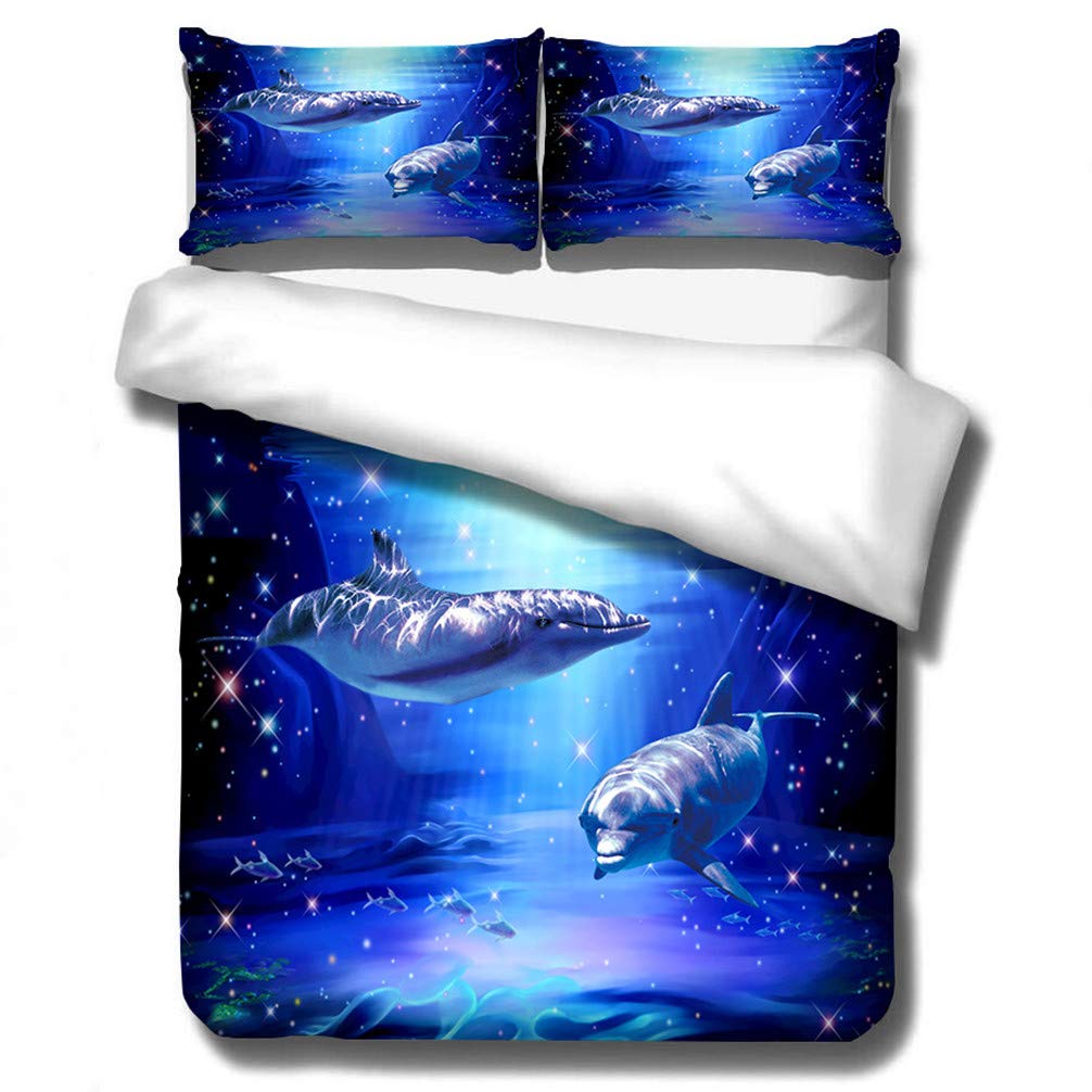 3D Dolphin Ocean Fish Pillowcase and Duvet Cover,Colorful Sunrise Sunset Evening Landscape Jumping Dolphin Design Bedding Set Quilt Cover for Girls Boys (Blue Starlight, Double 200x200cm)