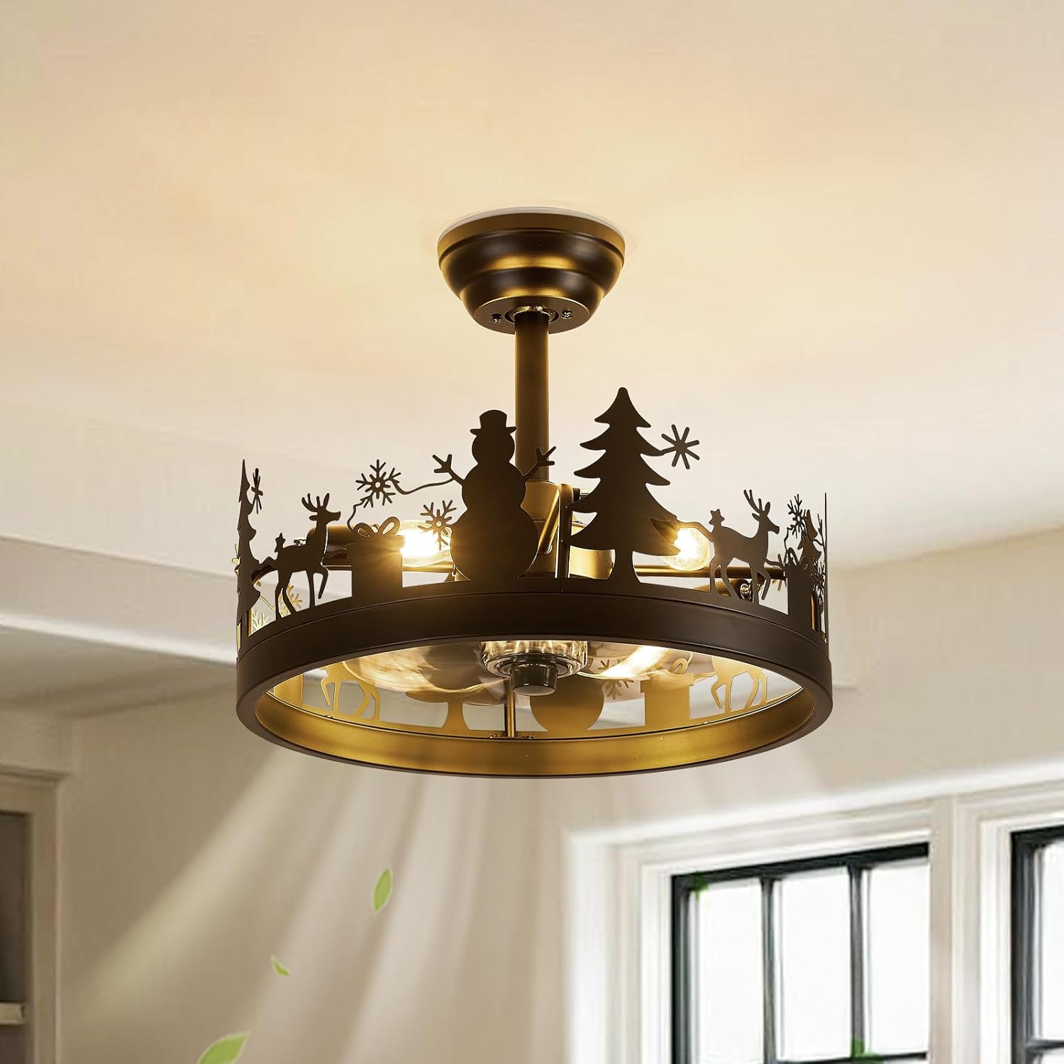 Farmhouse Rustic Ceiling Fan with Light, Black Caged Ceiling Fan with Deer and Snowman Design, Vintage Chandelier Ceiling Fan for Bedroom Living Room Kitchen