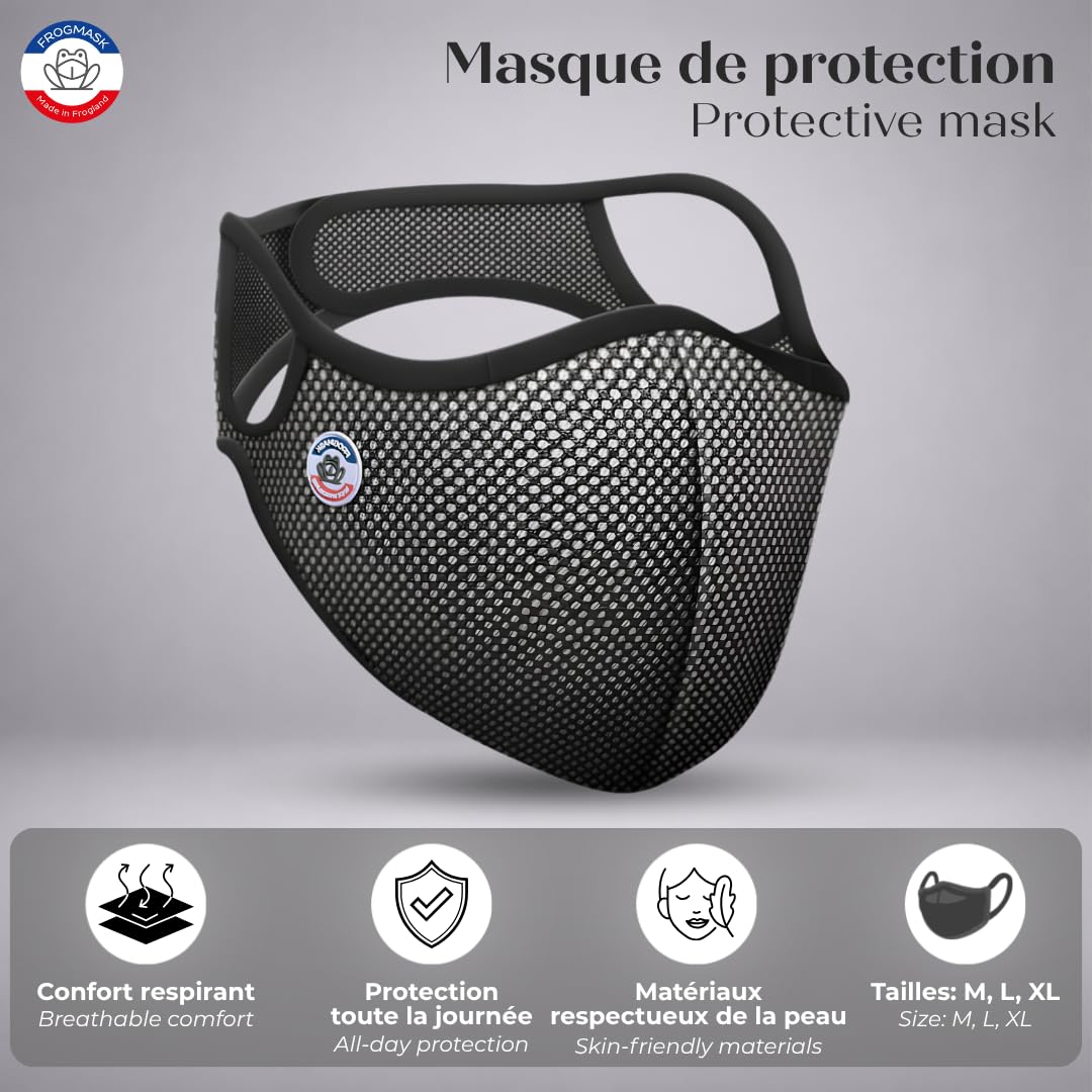 FROGMASK Atemschutzmaske gegen Luftverschmutzung & Polle – für Radfahren & Motorrad – waschbar & wiederverwendbar – Schwarz & Weiß – Größe M – inkl. 1 FFP2-Filter