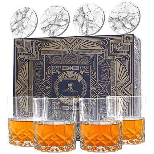 Krown Kitchen - Whiskey Glass Set of 4. Highball Rocks Glass tumblers. Whiskey Set Perfect for Bourbon, Cocktail, Scotch. Includes Luxury Gift Box and Ceramic Stone Coasters. 315ml Capacity