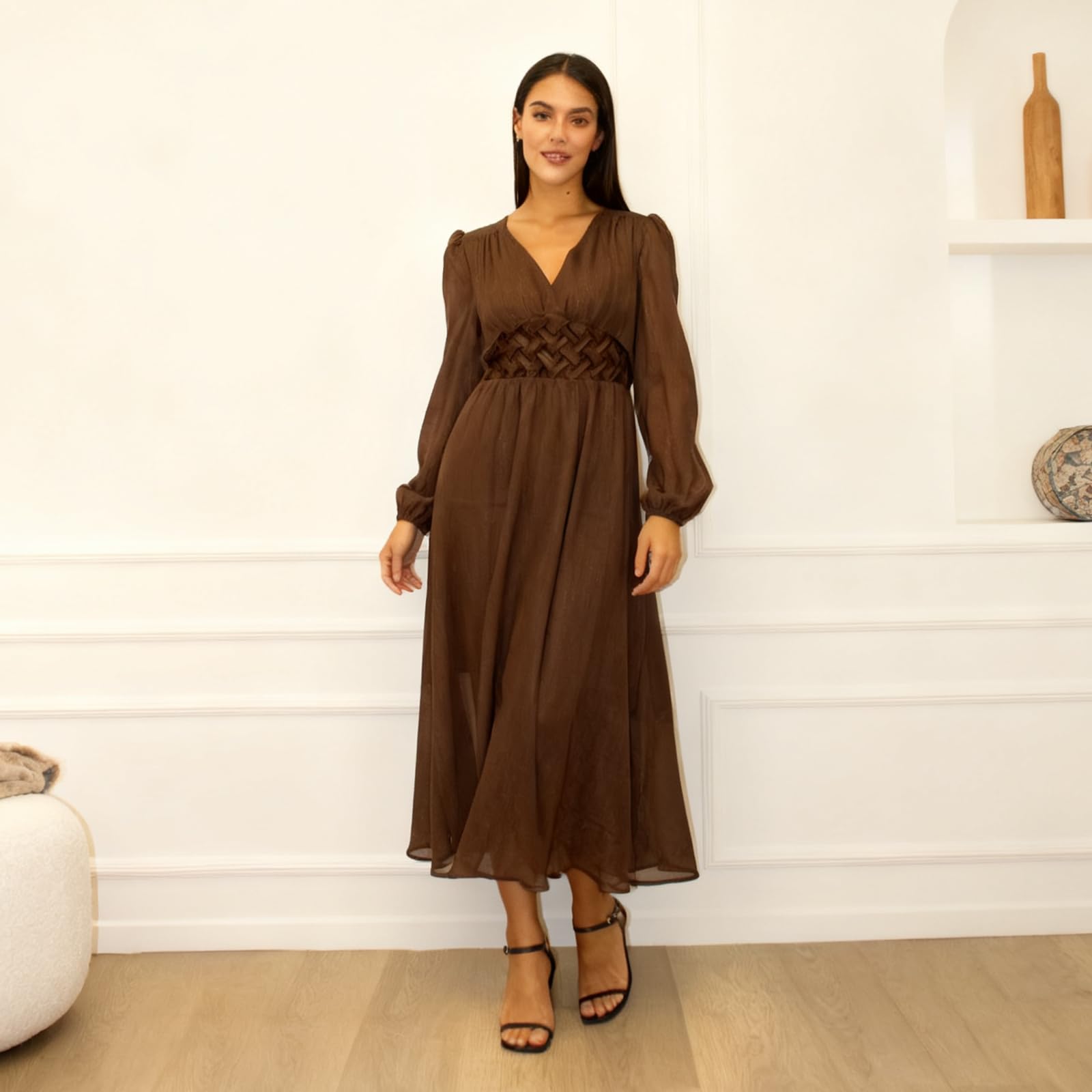 Kleid Damen Lang Chiffon Abendkleider Elegant Für Hochzeit Kleider Festlich Langarm Cocktailkleid Hochzeitsgast Partykleid Frauen Hohe Taille A Linie Frühlingskleid Puffärmel Damenkleider