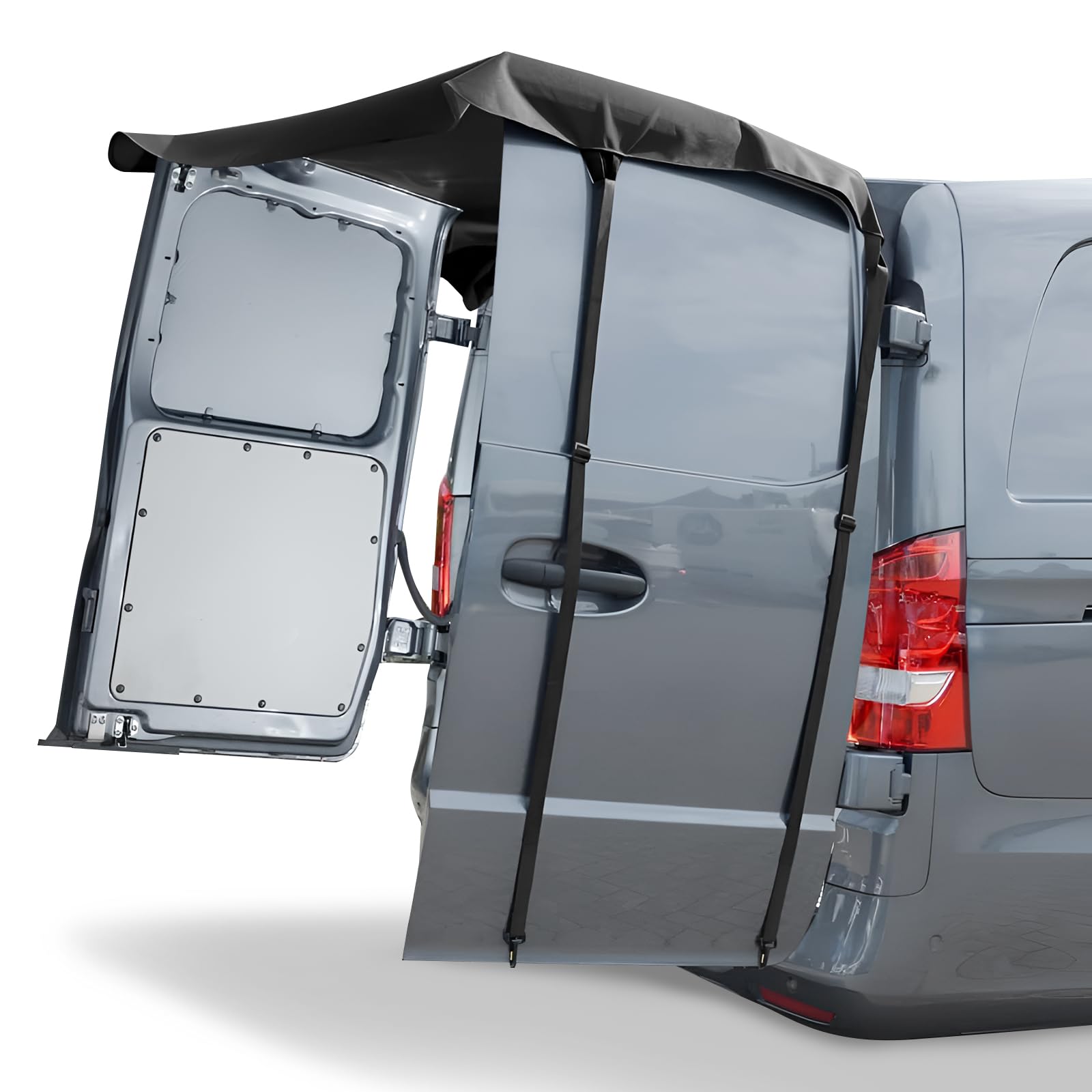 Housse de Protection pour Porte Arrière de Fourgon Compatible avec VW T5 T6, Transit Custom et Renault Trafic 2001-2024, 600D Tissu Oxford Auvent pour Porte de Grange Noir avec Clips de Fixation