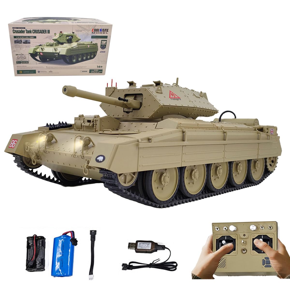 Czołg RC 1/16 dla dorosłych, model czołgu 2,4 G British Crusader RC z dźwiękiem i światłami oraz trybami podwójnej prędkości, model pojazdu RC dla entuzjastów wojskowych (RTR/pustynny żółty)
