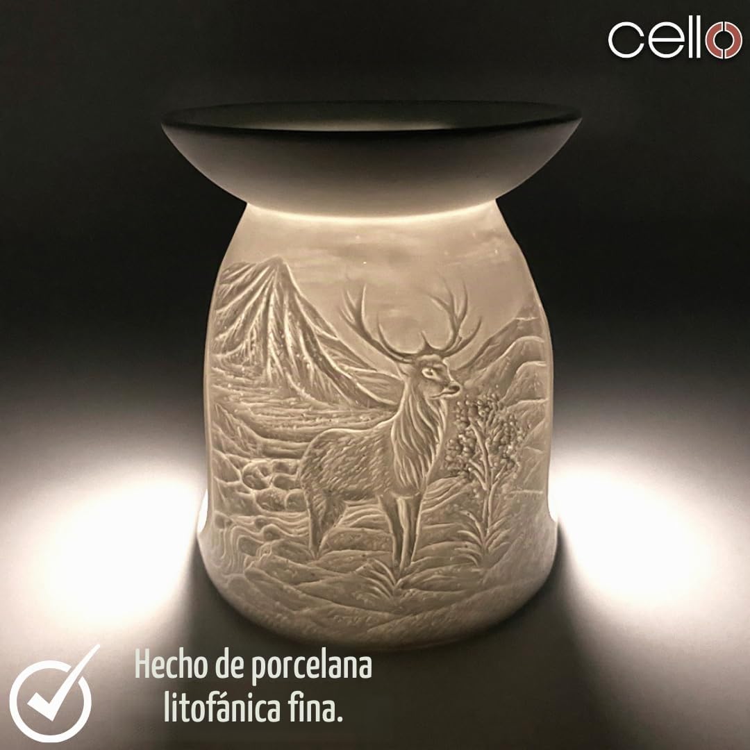 Cello Quemador de cera para derretir y aceite, ciervo de las tierras altas, impresionante decoración de porcelana. Úsalo como quemadores de cera o quemador de aceite esencial y perfuma mágicamente tu