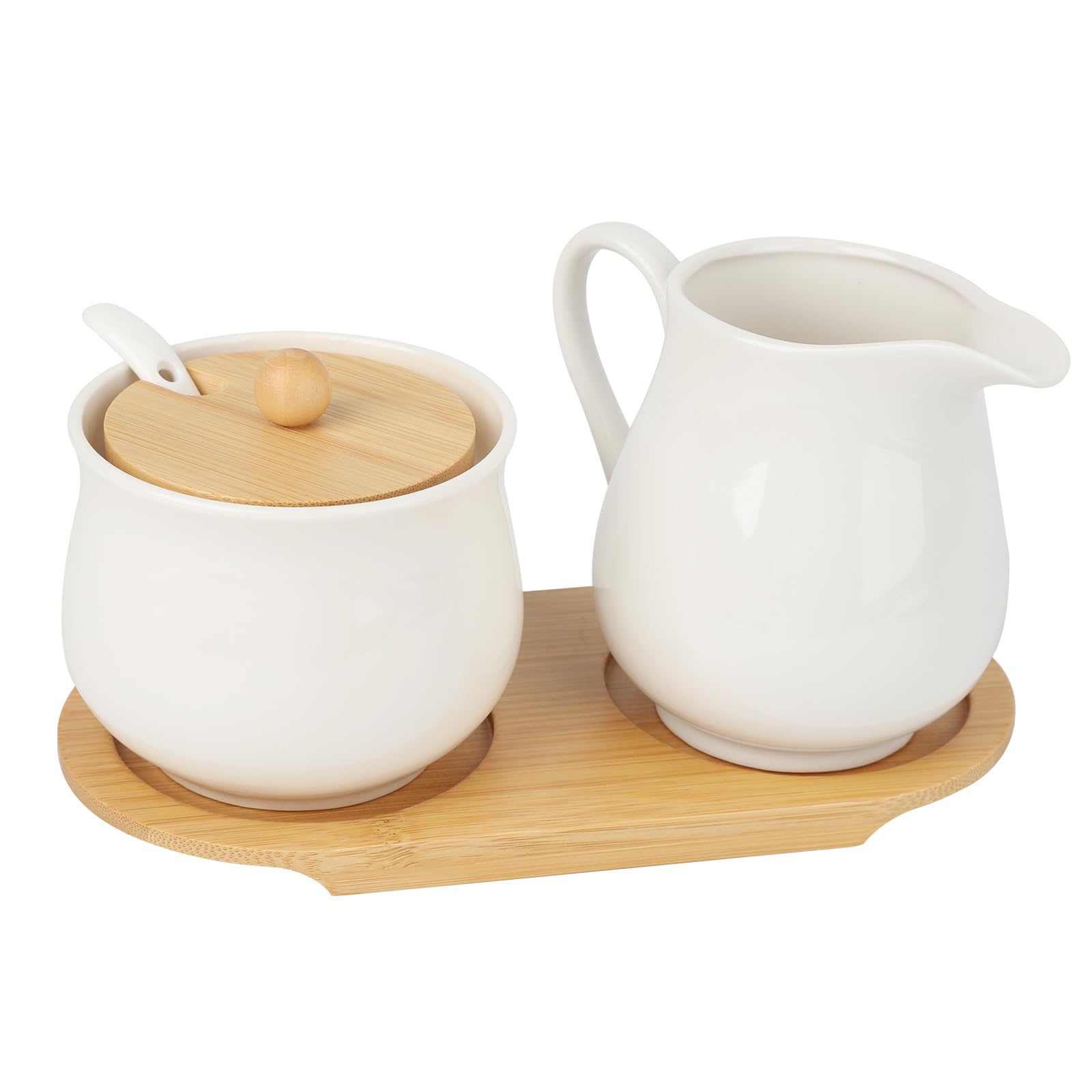 Juego de Leche y Azúcar Blanco, 260ml Jarra Leche de Cerámica y Azucarero con Cuchara y Tapa, Juego de Porcelana para Servir Café y Té con Bandeja de Madera, Apto para Microondas y Lavavajilla