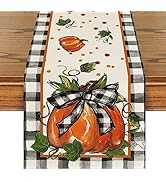 Artoid Mode Pumpkin Bow Buffalo Plaid Fall Table Runner,Seasonal Autumn Kitchen Dining Table Deco...