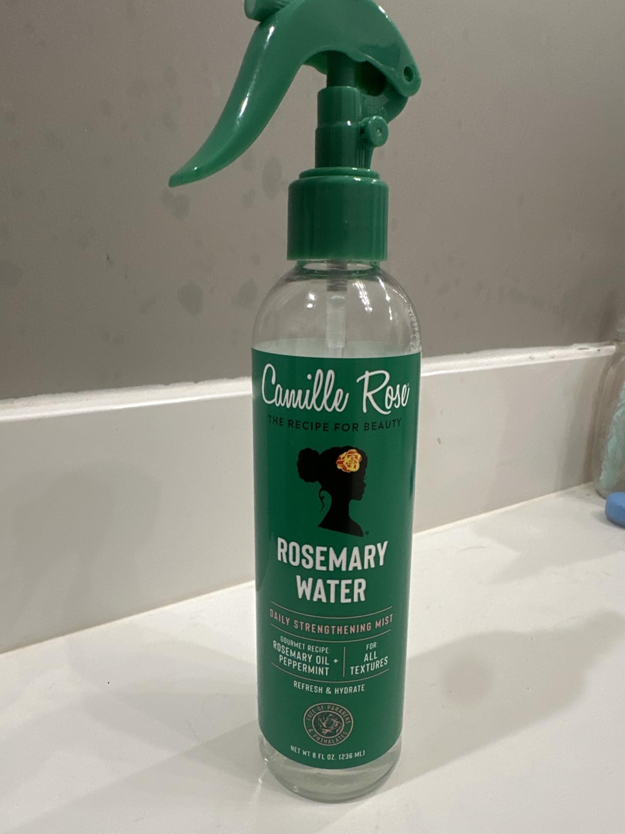 Camille Rose Rosemary Water Spray – Daily Strengthening Mist with Calming Aloe Vera and Cooling Peppermint Oil for Hair, 8 Oz