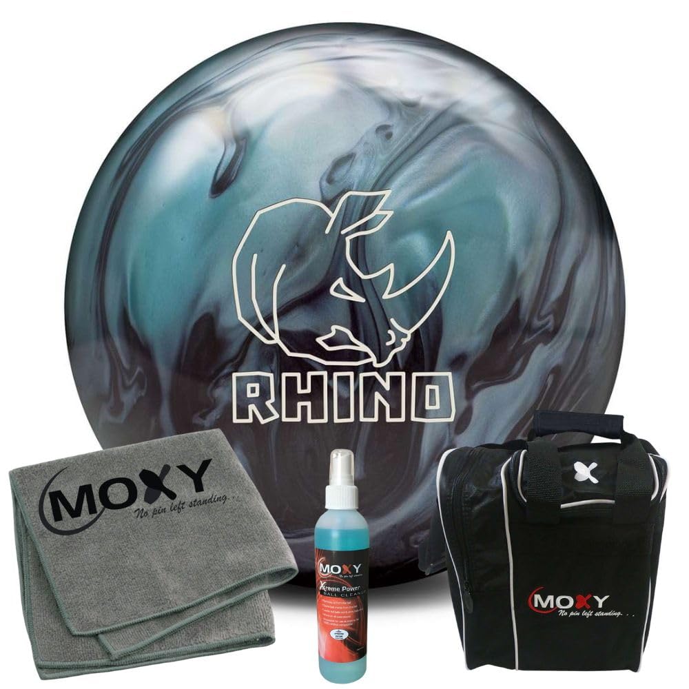Bowlerstore Products Brunswick Rhino Metallic Blue/Black Bowling Ball | Moxy Strike Black Bowling Bag | Moxy Grey Micro Fiber Towel | Moxy Xtreme Power Cleaner Package 11lbs