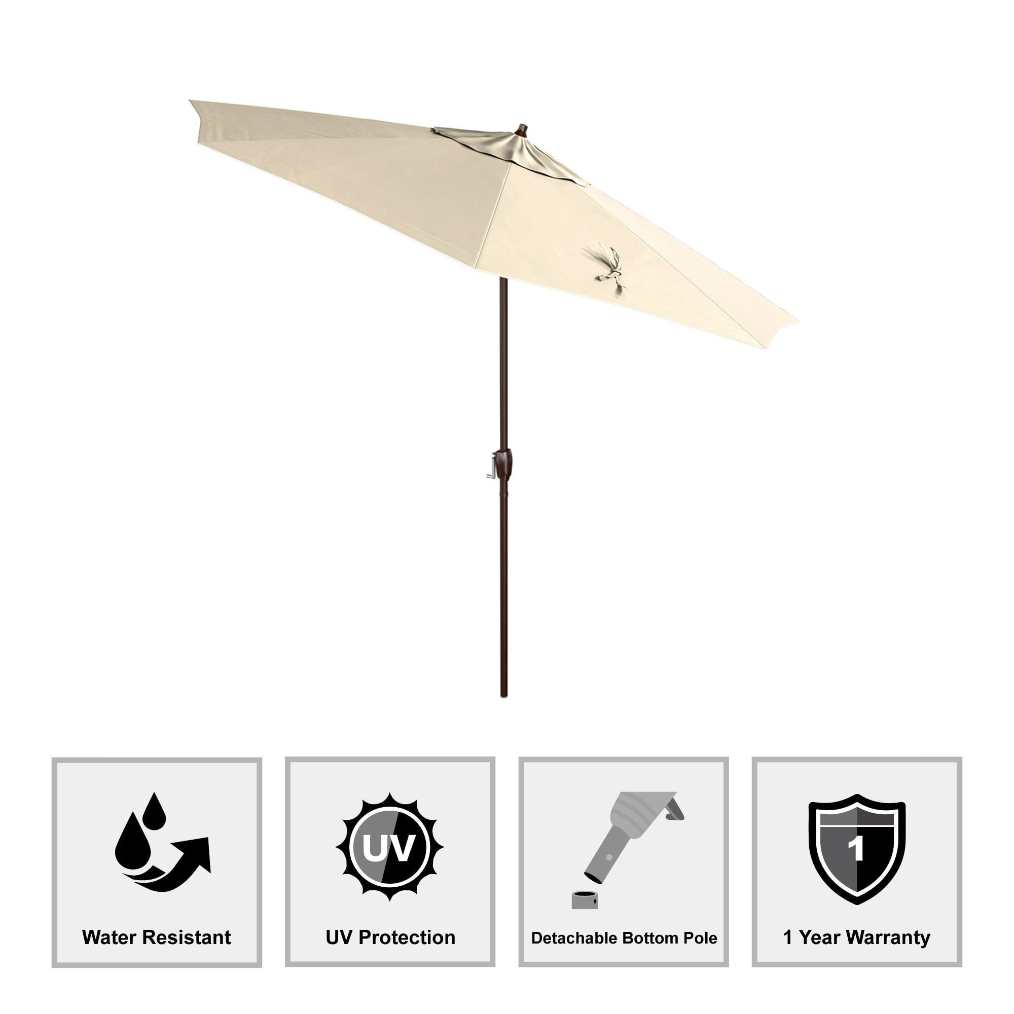 California Umbrella 9' Round Aluminum Market Umbrella, Crank Lift, Auto Tilt, Bronze Pole, Antique White 