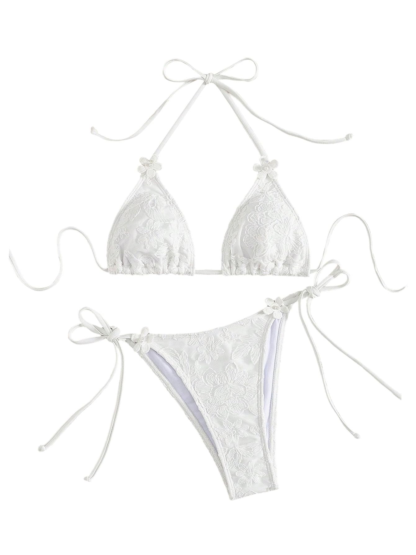 Photo 1 of SOLY HUX Women's Floral Swimsuit Halter Triangle Tie Side String Bikini Set Summer Two Piece Bathing Suit Beachwear White Small