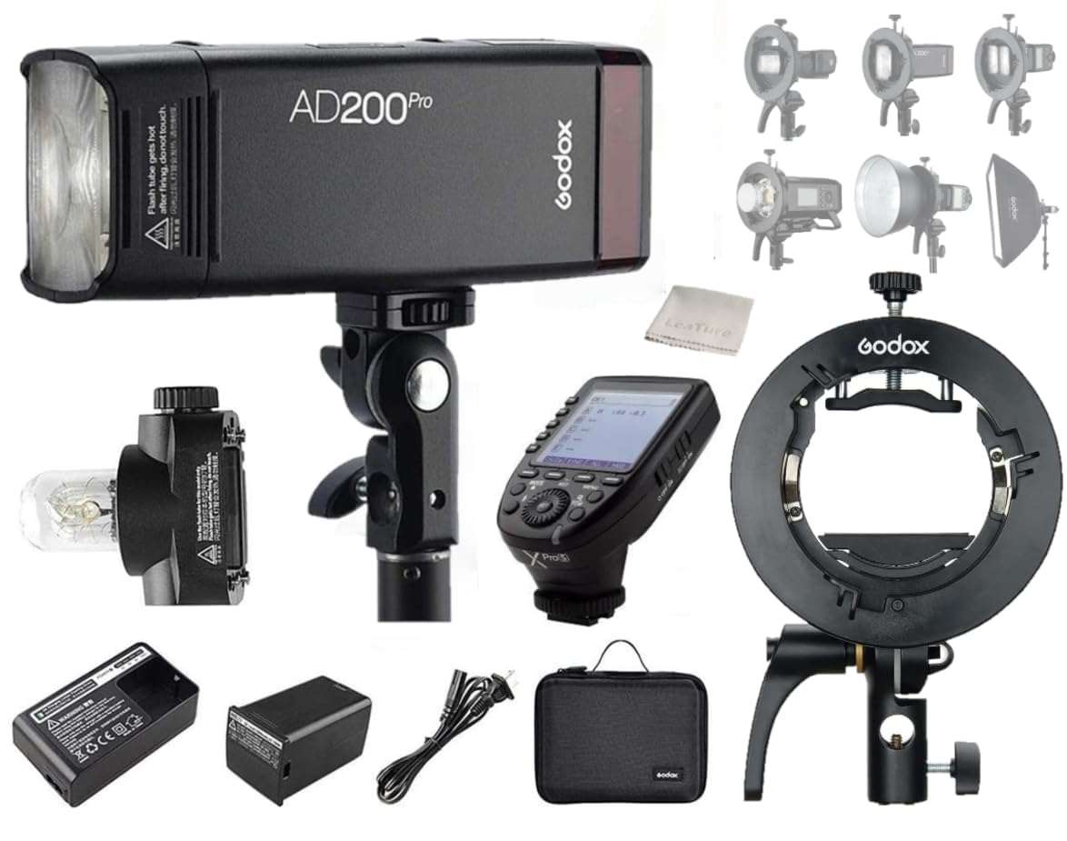 GODOX AD200 Pro AD200Pro 200Ws 2.4G Flash Strobe and XPro-S Flash Trigger for Sony Camera & Godox S2 Speedlite Bracket, 1/8000 HSS, Bare Bulb/Speedlite Fresnel Flash Head Pocket Flash Monolight