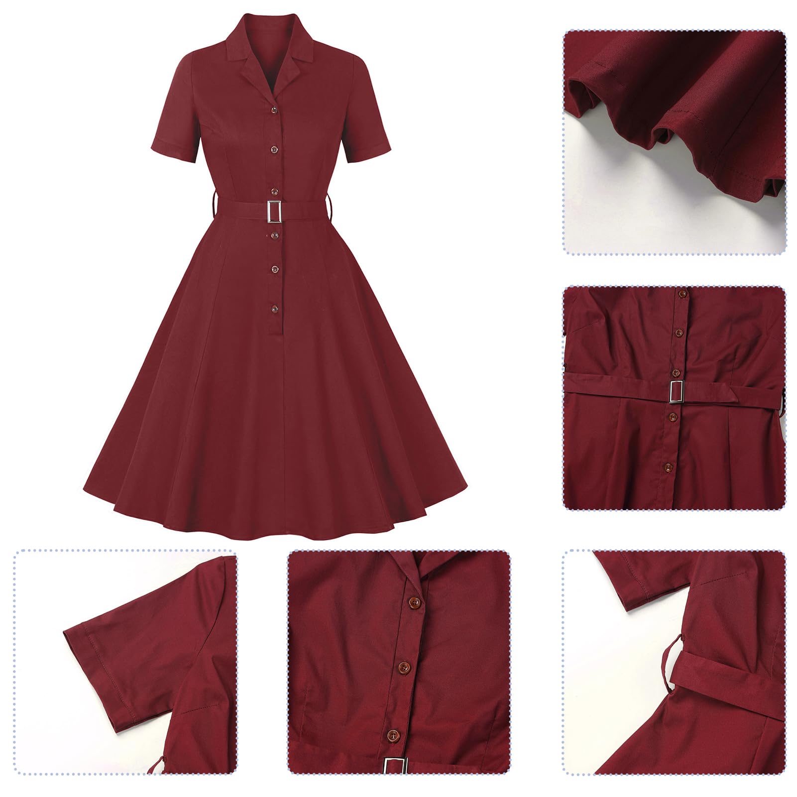 ODIZLI Robe de cocktail rétro des années 1950 à manches courtes et revers cranté avec ceinture pour femme
