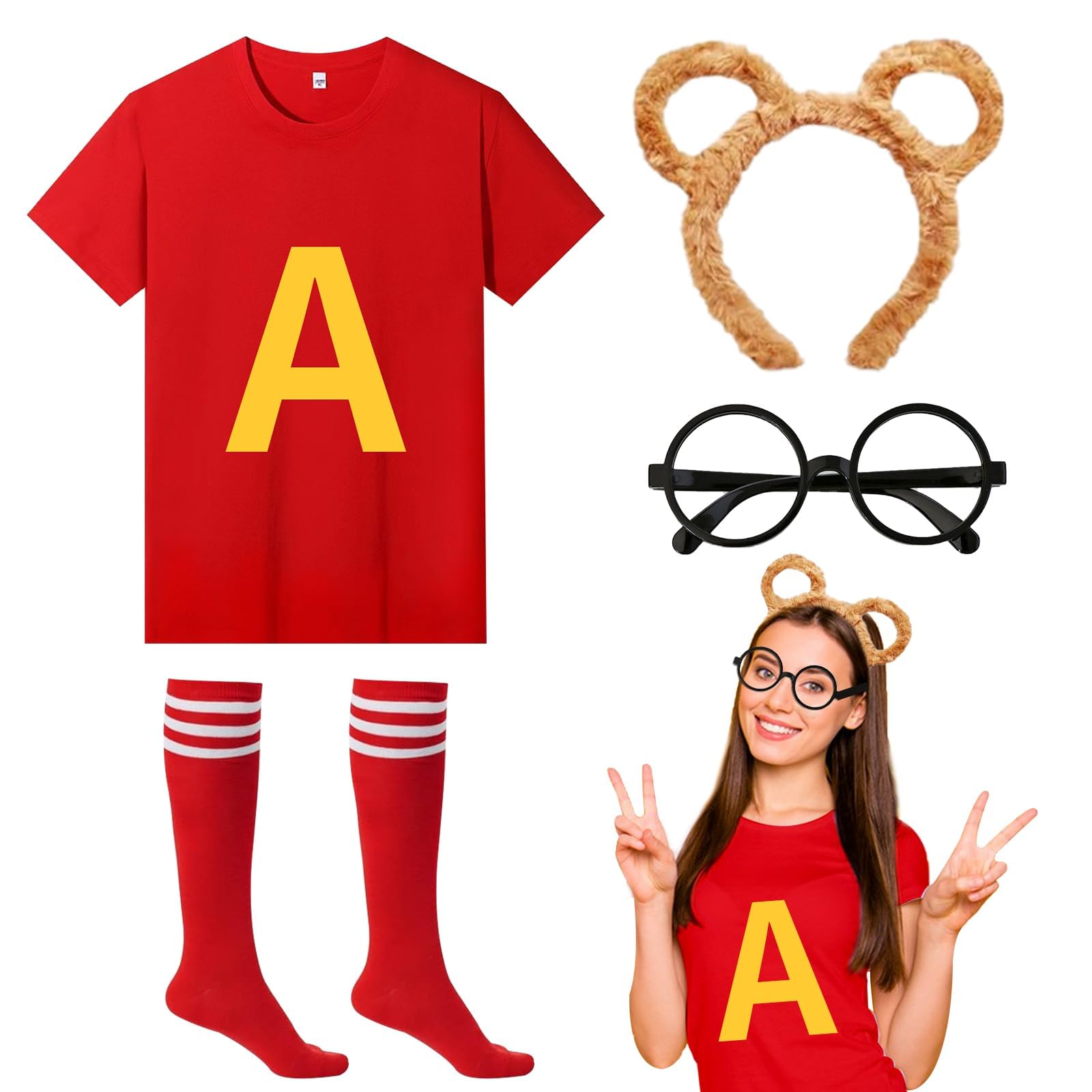 4Pcs Chipmunks Costumes Set with Chipmunk Headband Glasses T-shirt Soccer Socks, Chipmunks Fancy Dress Outfit Party Animal Cosplay for Adults Teens World Book Day Halloween Dress Up (Red, L)