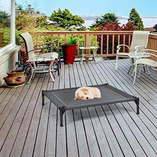 GOPLUS Hundeliege mit Dach, Erhöhtes Hundebett, Haustierbett mit Eisenrahmen, Wasserdichtes Hundesofa, Katzenbett mit Sonnensegel, rutschfeste Fußpolster, für Indoor & Outdoor (90x81x86cm)