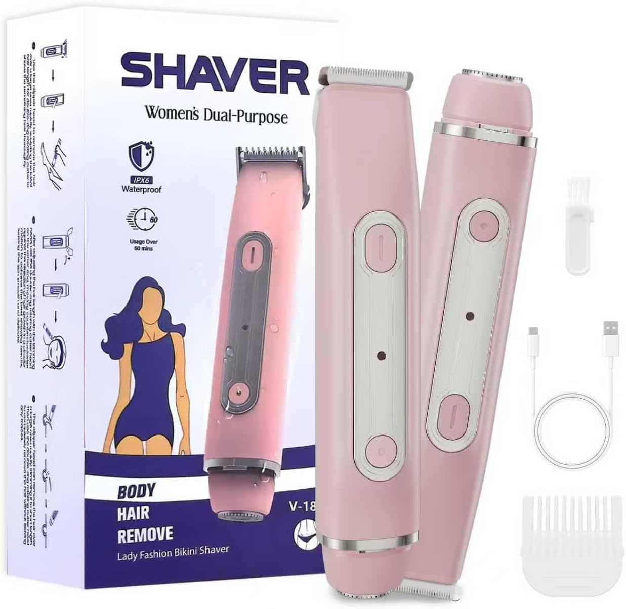 Bikini Trimmer for Women - 2 in 1 Women Electric Razors,Cordless Body Shaver for Trip,Replaceable Lady Facial Razor, IPX6 Waterproof&Easy Cleaning, Ceramic Blade, USB Charge 706 Pink