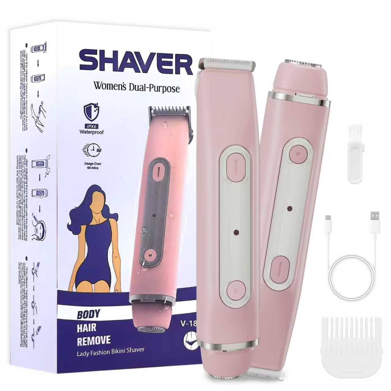 Bikini Trimmer for Women - 2 in 1 Women Electric Razors,Cordless Body Shaver for Trip,Replaceable Lady Facial Razor, IPX6 Waterproof&Easy Cleaning, Ceramic Blade, USB Charge 706 Pink