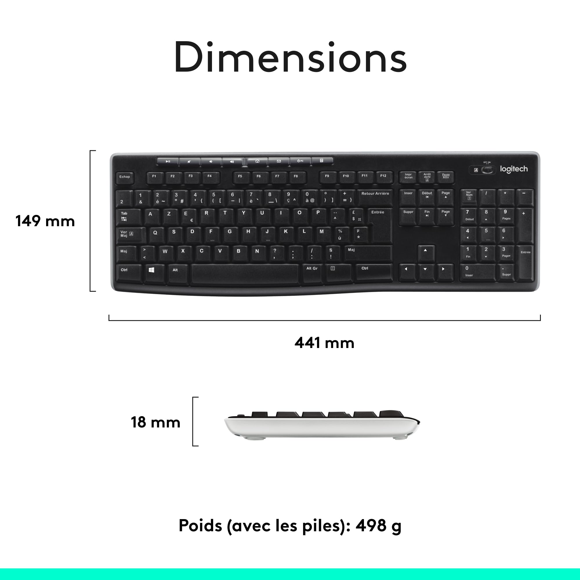 Logitech Wireless Frances Keyboard K270 Inalambrico, Noir, 3.20 x 45.00 x 16.00 cm
