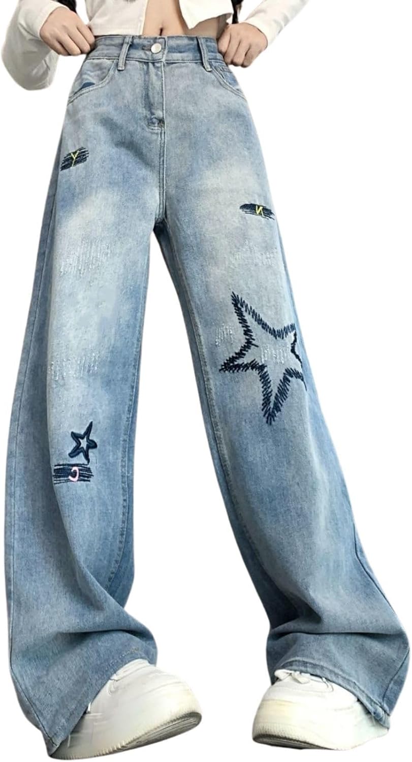 Cute Jeans for Women Girls Star Patchwork Pants High Waisted Straight Leg Jean Casual Preppy Clothes - Image 2