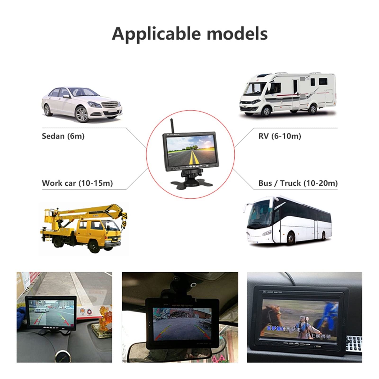 GPS pour Voiture, Moniteur de Camion sans Fil 7 "Appareil Photo arrière WiFi 18 lumières Infrarouge Vision Nocturne Enregistreur Sauvegarde inversée for Voiture Bus RV Excavatrice(Kit with 4 Cameras)