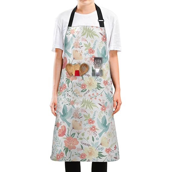 FRODOTGV Cute Birds Flowers Mens Bib Apron with 2 Pockets Waterproof Adjustable Womens Chef Apron Stain Resistant for Gardening Dishwashing BBQ, Cute Birds Flowers, One Size