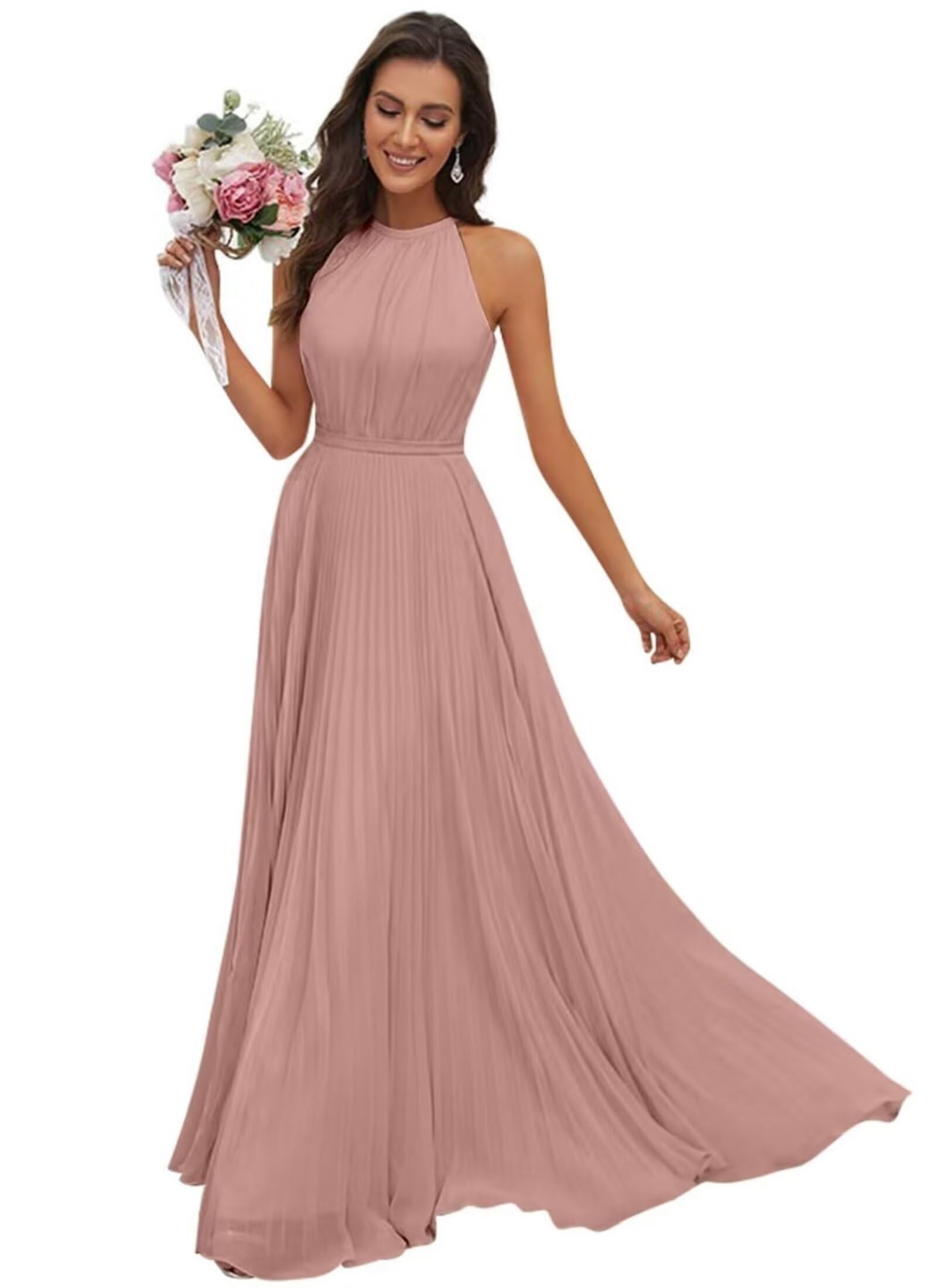 JAEDEN Abendkleid Damen Lang Elegant für Hochzeit Neckholder Brautjungfernkleider Chiffon Festliches Party Kleid Staubige Rose 38