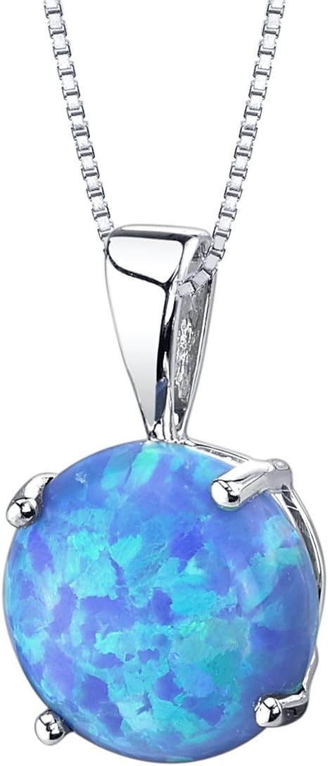 PEORA 14K White Gold Created Blue Opal Pendant for Women, Classic Solitaire, 1 Carat Round Shape 8mm, October Birthstone Necklace, Fire Opal Necklace, Gifts for Birthday, Anniversary, Wedding