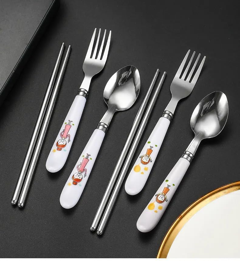 Image of Portable Kids Spoon Fork Set 1 - 4pcs Bpa Free Stainless Steel Cutlery Set with Cute Handles -Ideal for Lunchbox & School, Travel Box-Ideal Gift for Students- Multicolor