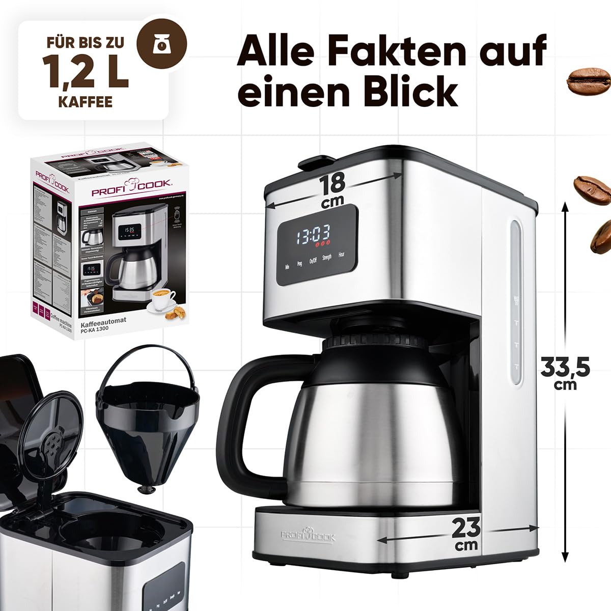 ProfiCook® Kaffeemaschine mit Thermoskanne | für bis zu 10 Tassen Kaffee | Aromawahl | Tropfstopp | mit Uhrzeit-Anzeige | Filterkaffeemaschine Edelstahlgehäuse | 900W | Kaffeemaschine | PC KA 1300