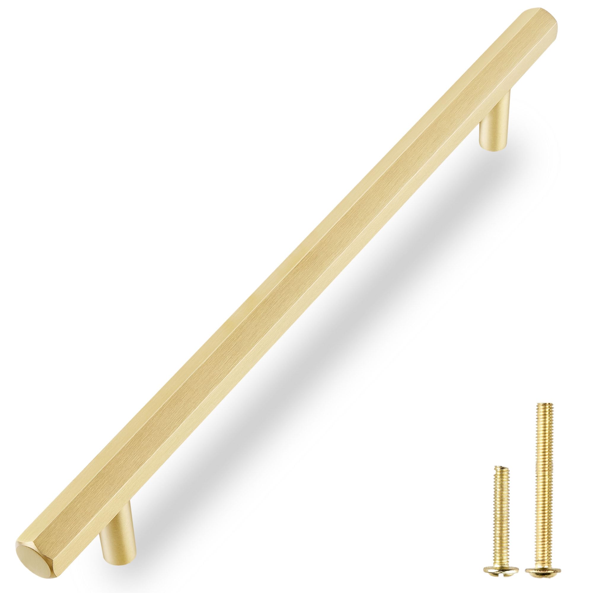QOGRISUN Paquete de 2 tiradores hexagonales de latón macizo para cajones, centro de agujero de 12-3/5 pulgadas, adecuados para accesorios de cocina, baño, tocador, armario, longitud total de 15.1