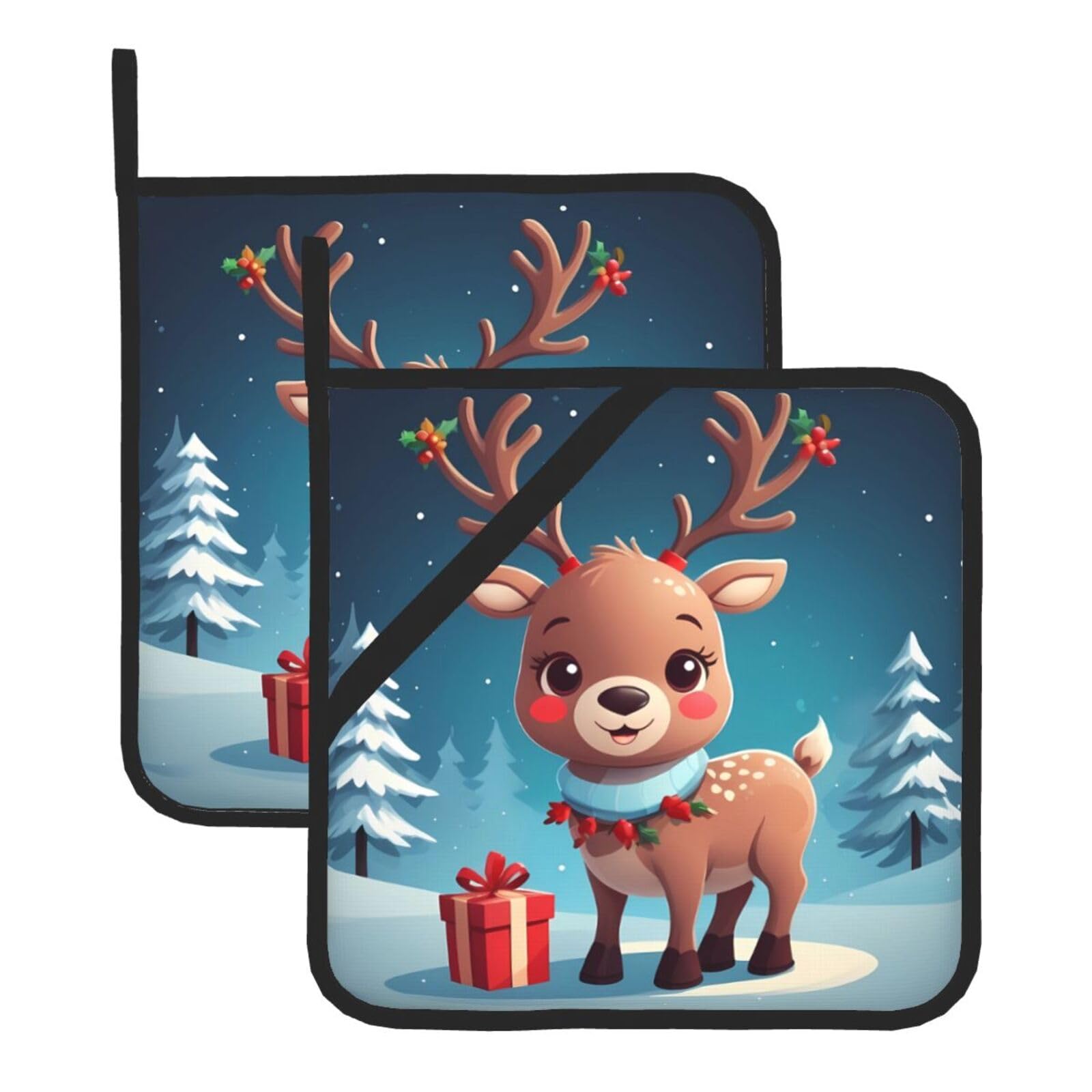 HJFCZH Cute Christmas Reindeer Printed Square Insulated Pot Mat Set (2-Piece) 8x8in Waterproof, Thickened & Easy to Clean with Lanyard Design for Kitchen, Oven & BBQ