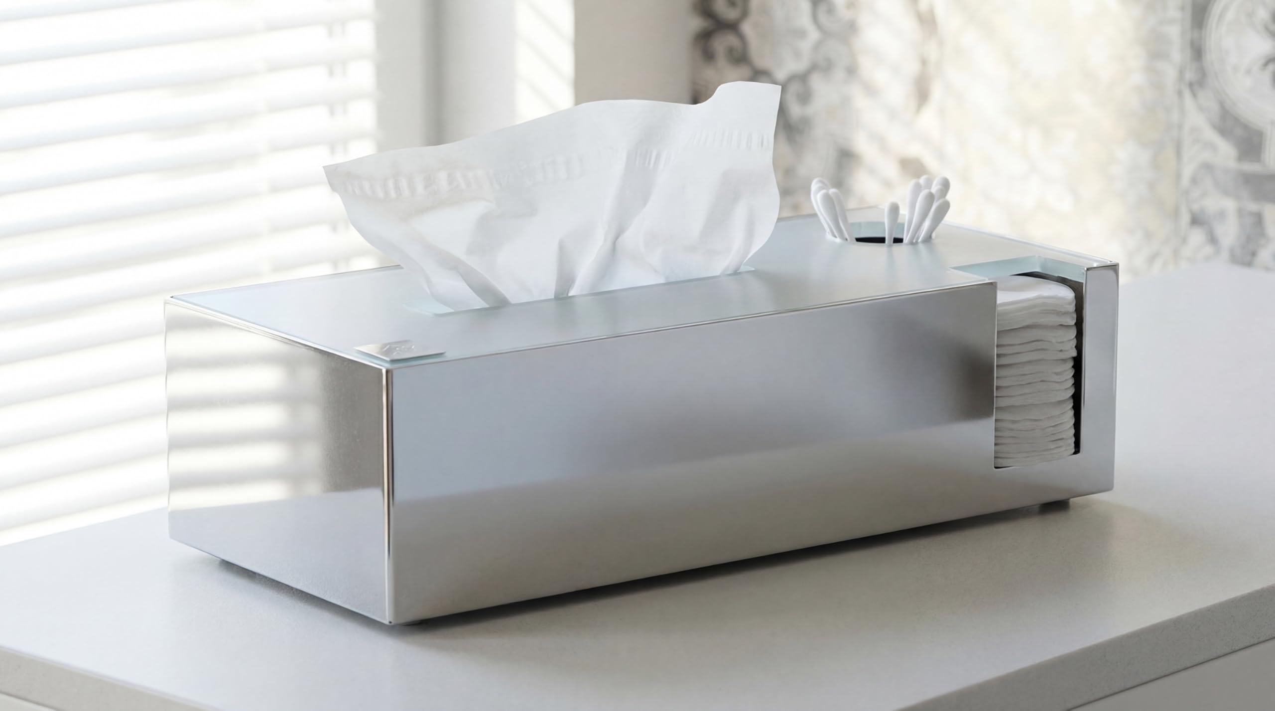 Schönbeck Tissuebox Kombibox aus Edelstahl & Glas – Kosmetiktücherbox, Wattepadhalter, Wattestäbchenhalter – Bad Organizer & Aufbewahrung – Design Box – Made in Germany (Poliert/Weiß)