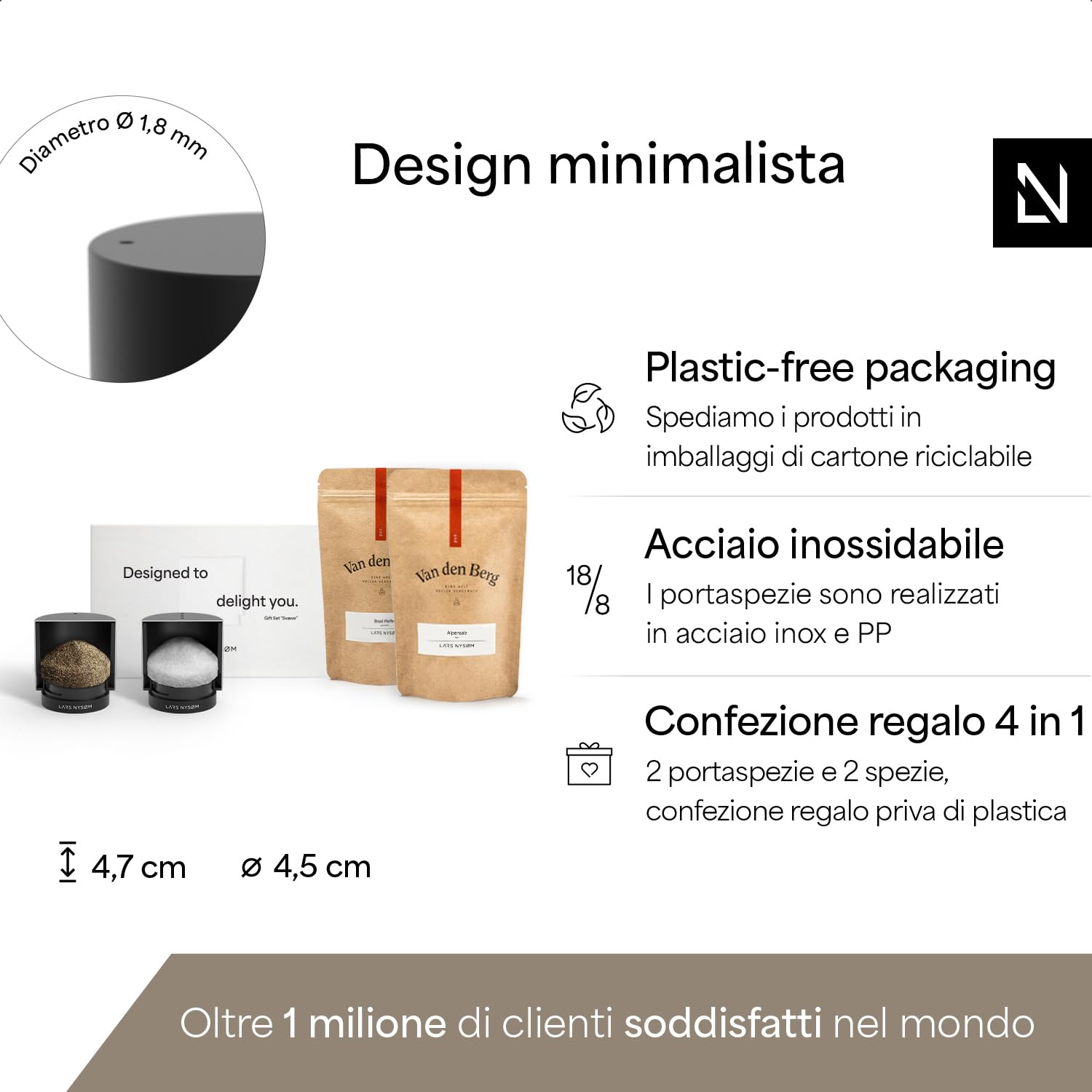 LARS NYSØM Set regalo con saliera e pepiera & spezie - Mini saliera e pepiera di design con il miglior sale alpino e pepe del Brasile in un'attraente confezione regalo (Carbon Black)