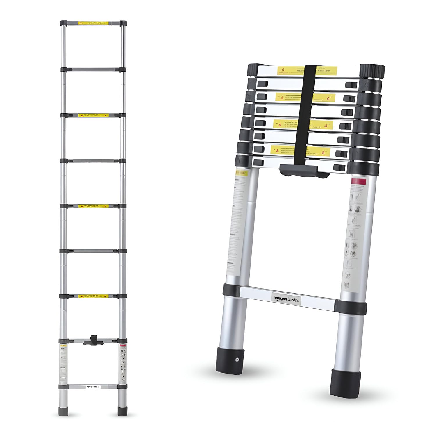 Amazon Basics 2.6m (8.5 feet) Portable & Compact Aluminum Telescopic Ladder | 2-Year Warranty | EN131 Complied 9-Steps Foldable Multipurpose Step Ladder for Home & Outdoor use