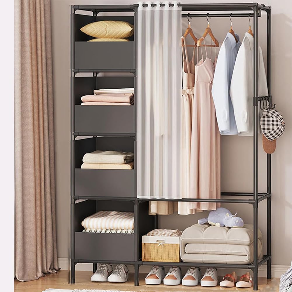 LONENESSL Heavy Duty Clothes Rail, Simple Wardrobe with Door Curtains, Metal Rack With Hanging Clothing Rail, Shoe Rack, Storage Shelves, 4 Coat Hooks, Stacking Area, for Bedroom Office Shop (BLACK)