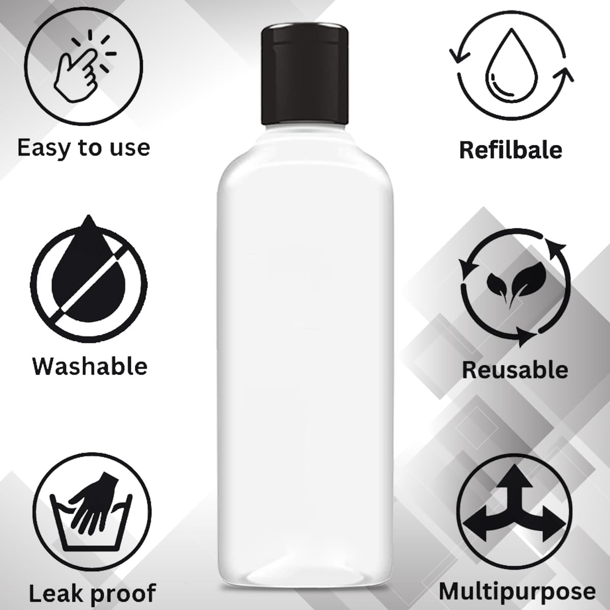 MADHYA Polyvinyl Chloride 200ml Squeeze Bottle with Flip Top Cap, Empty BPA-Free Refillable Container For Shampoo, Lotions, Liquid Cosmetic Travel Size Transparent Bottle, Black Flip-Top, Set of 24 2