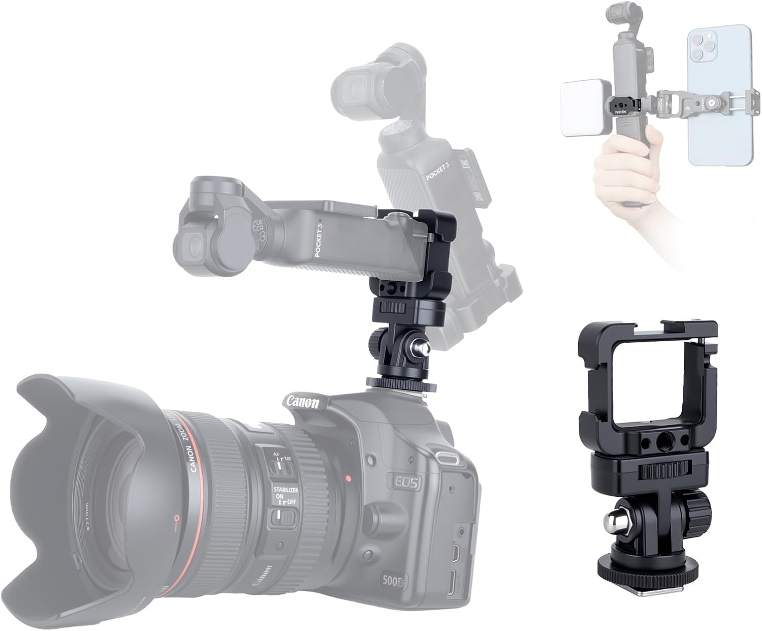 DJI Osmo Pocket 4/3 Camera Mount Adapter Accessories for Sync Videography & Photography, Expansion Cage with Cold Shoes & 1/4" Screw Hole, 180 Tilts Adjustable, Perfect for Solo Content Creator