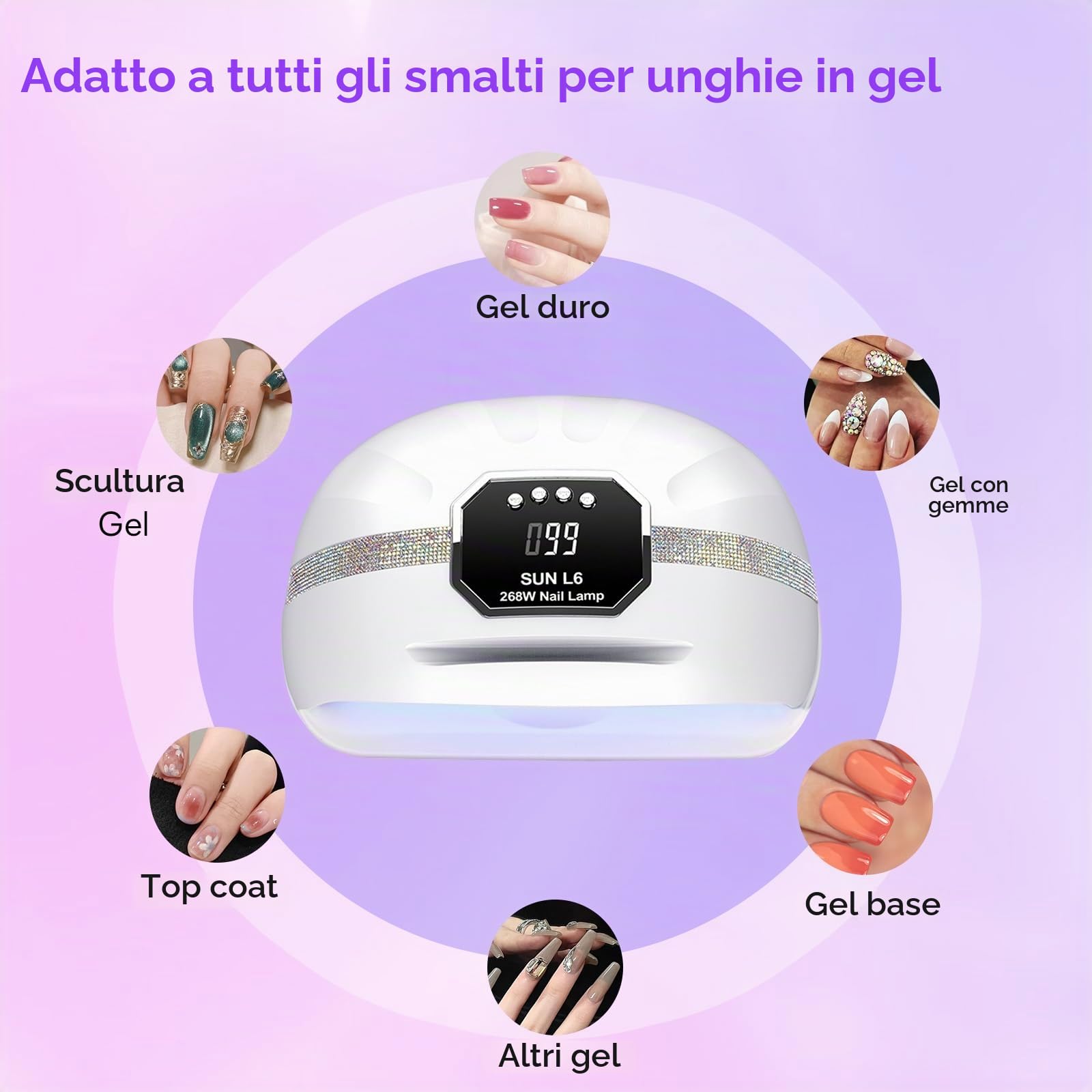 Lampada UV LED Unghie,268W Lampada per Unghie Con 4 Timer e Sensore Automatico,Professionale Fornetto Unghie con 45 LED,Lampada Asciuga Smalto Semipermanente Per Manicure/Pedicure